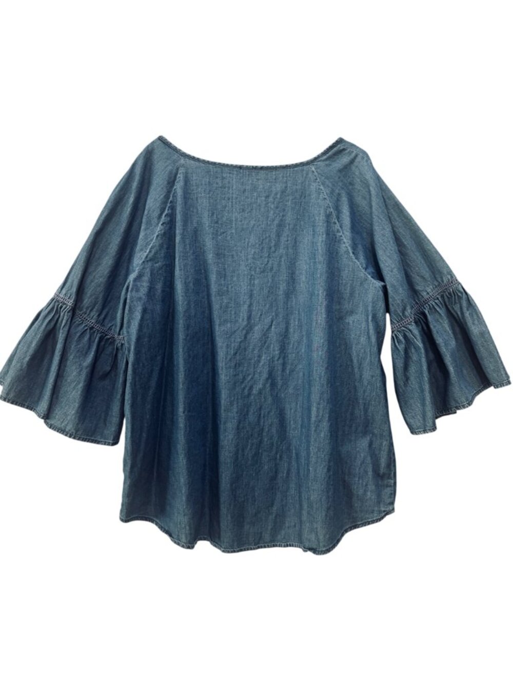 Denim Peasant Blouse Women's 22/24 Button Front Flared Bell Sleeves Pleated Poet - Picture 2 of 11